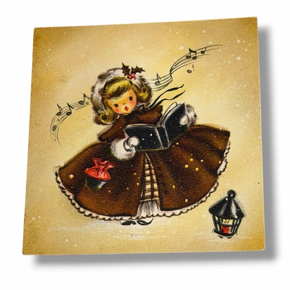 Hallmark Vintage Christmas Card Caroling Girl with Lantern and Music Notes I153